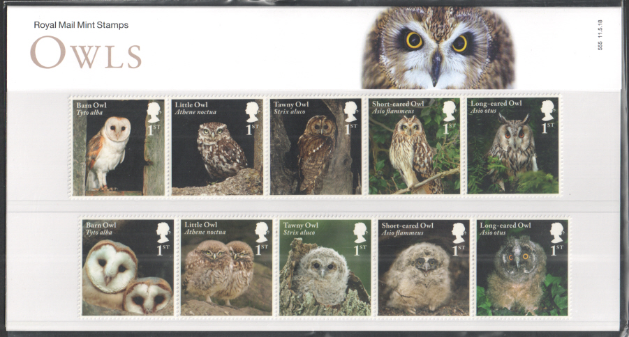 (image for) 2018 Owls Royal Mail Presentation Pack 555 - Click Image to Close